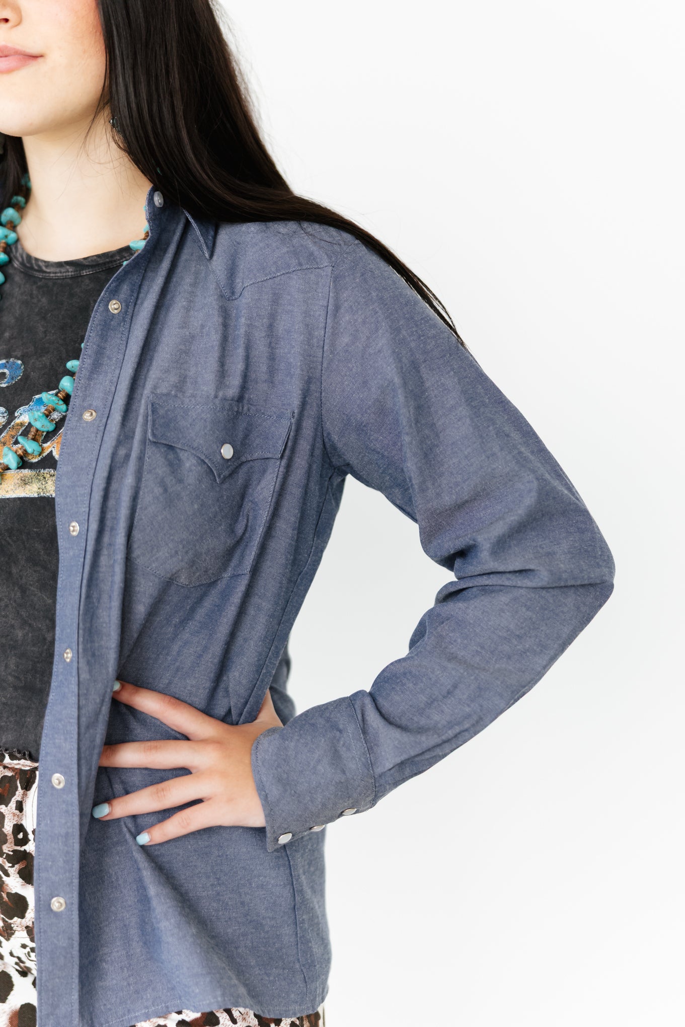 Dark Chambray Pearl Snap Blouse