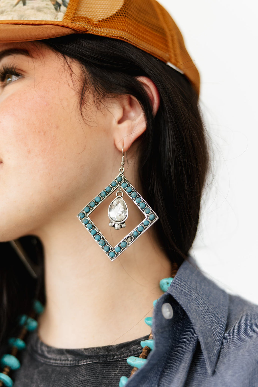 Diamond Turquoise Center Crystal Earrings