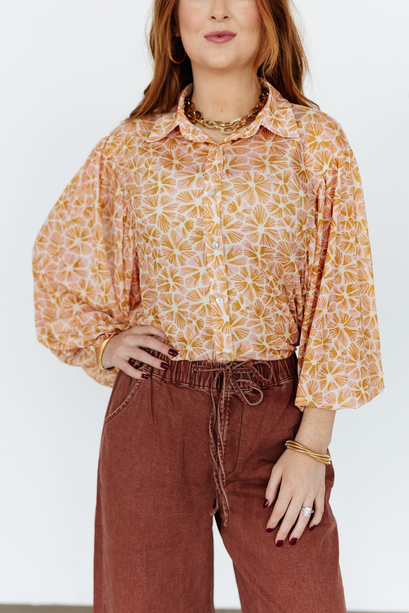 Retro Bloom Sheer Button Blouse