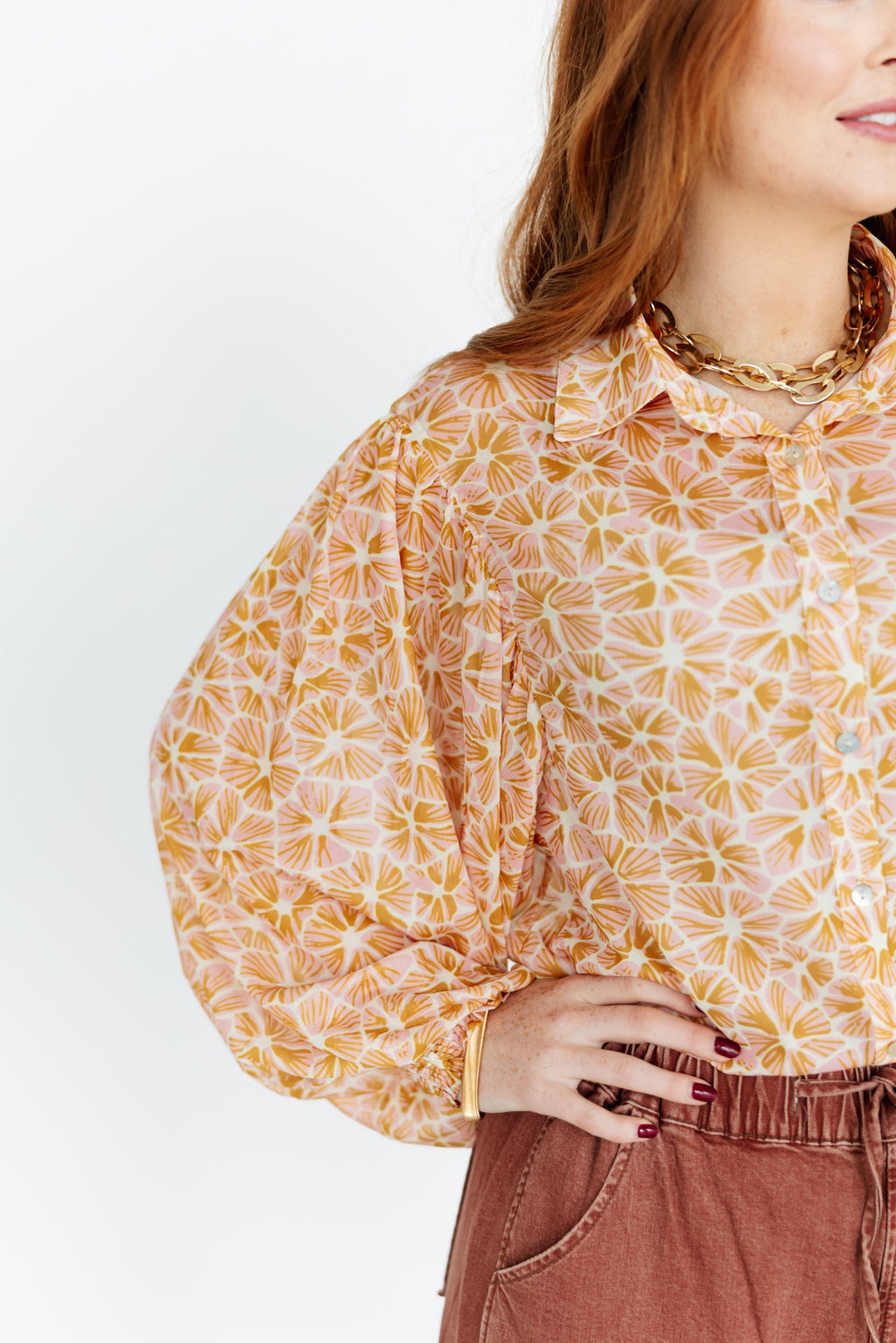 Retro Bloom Sheer Button Blouse