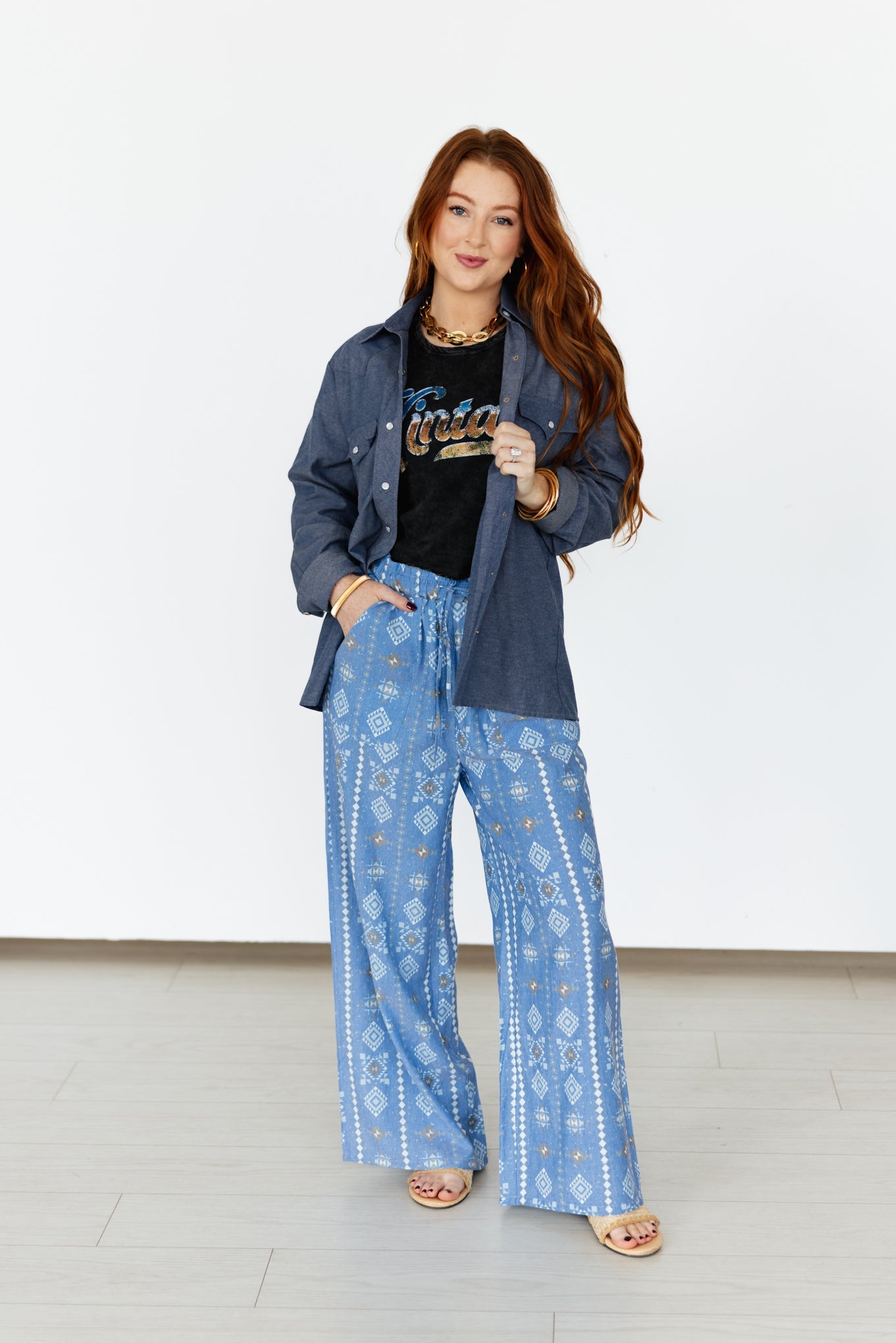Dark Chambray Pearl Snap Blouse