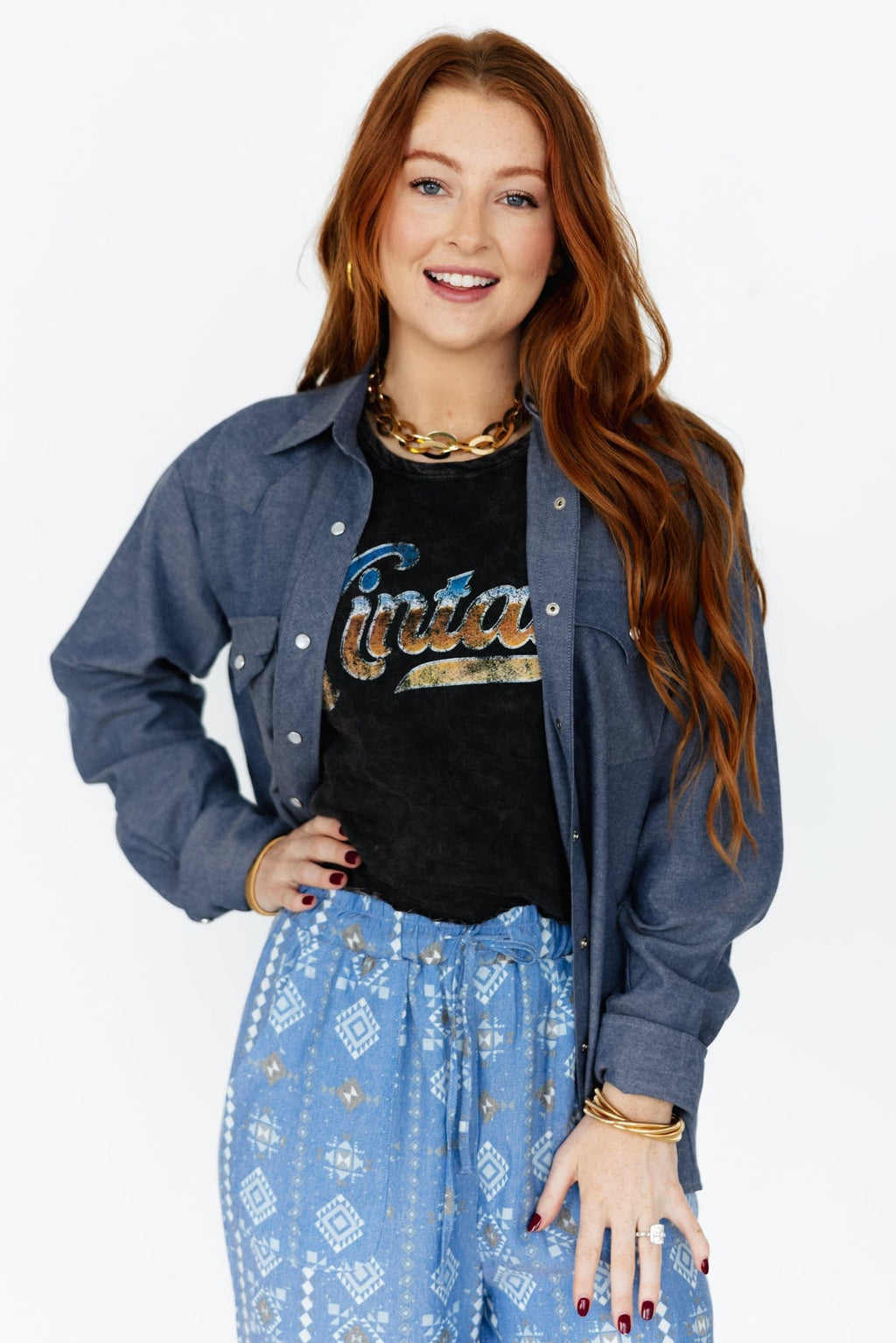 Dark Chambray Pearl Snap Blouse