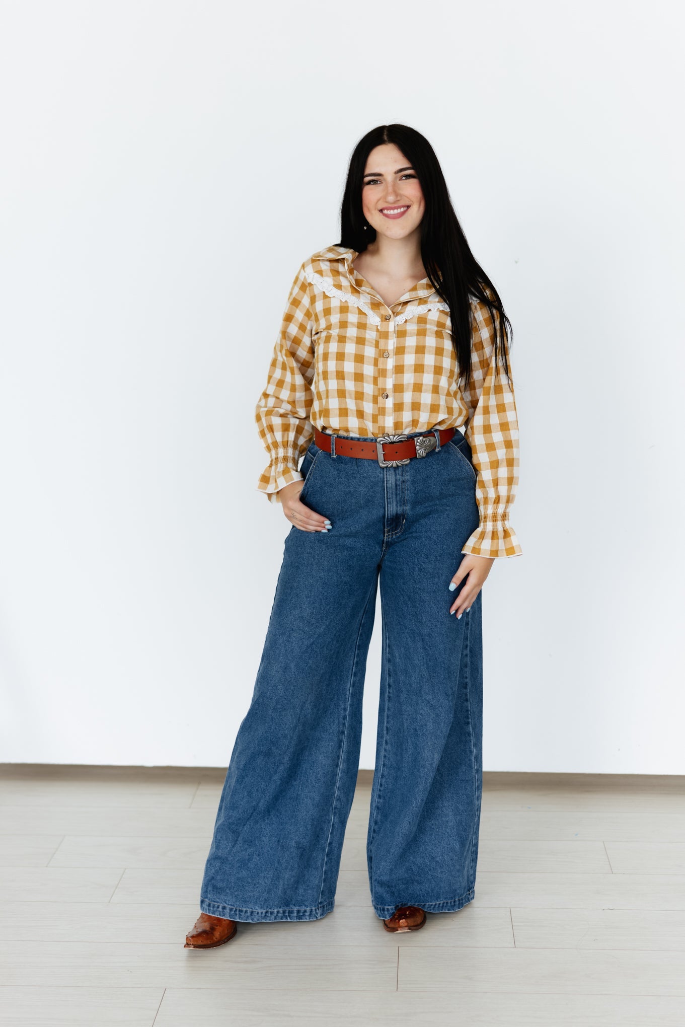 Caramel Brown Gingham Western Button Down Blouse
