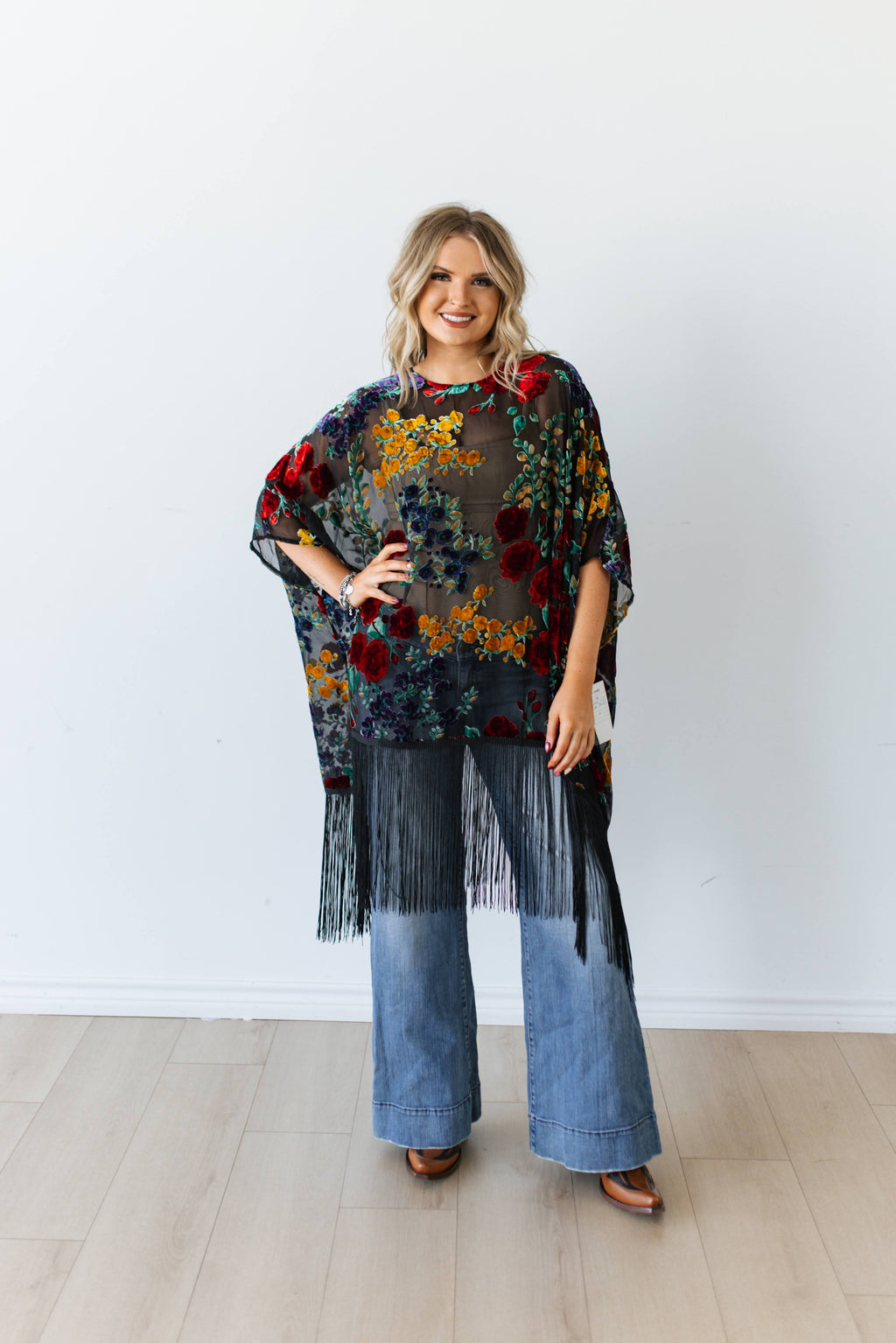 BLACK FLORAL PONCHO