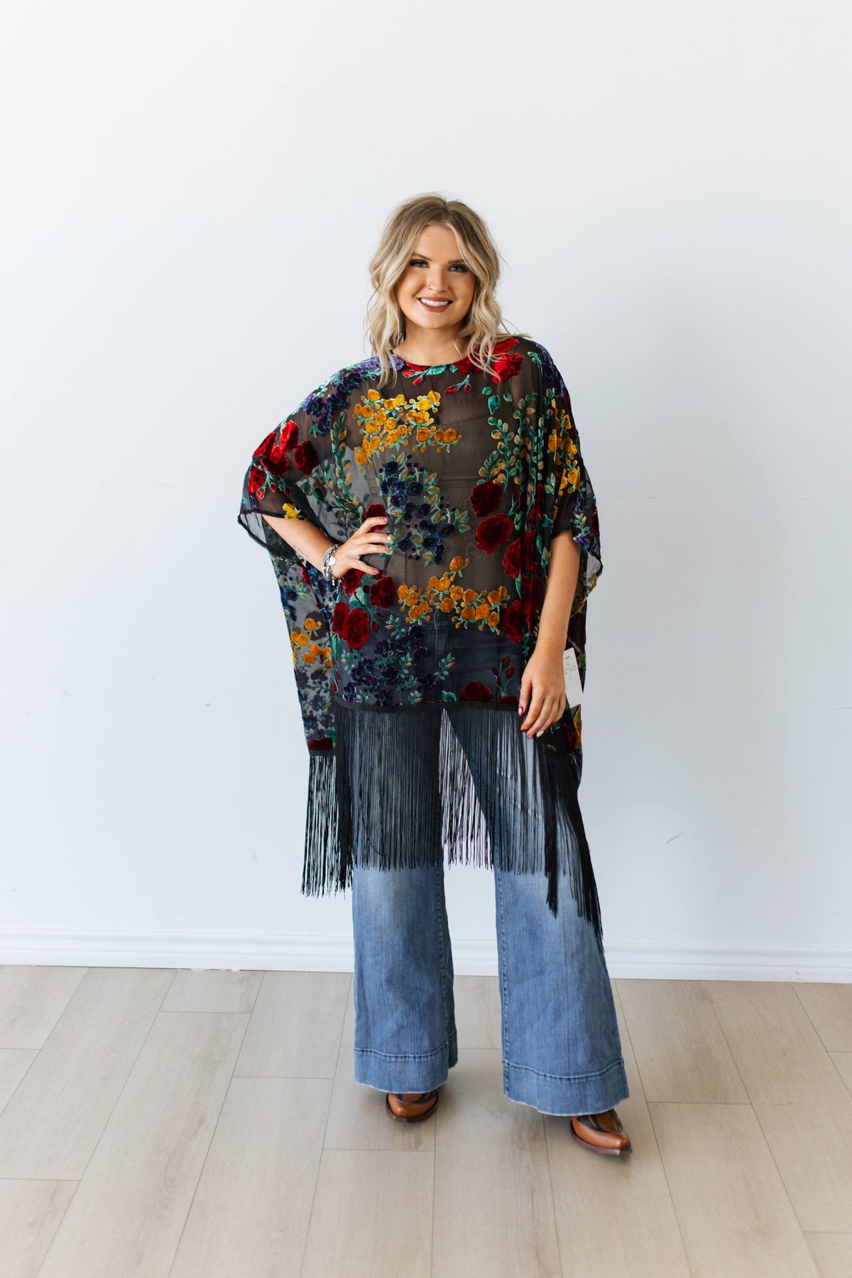 BLACK FLORAL PONCHO