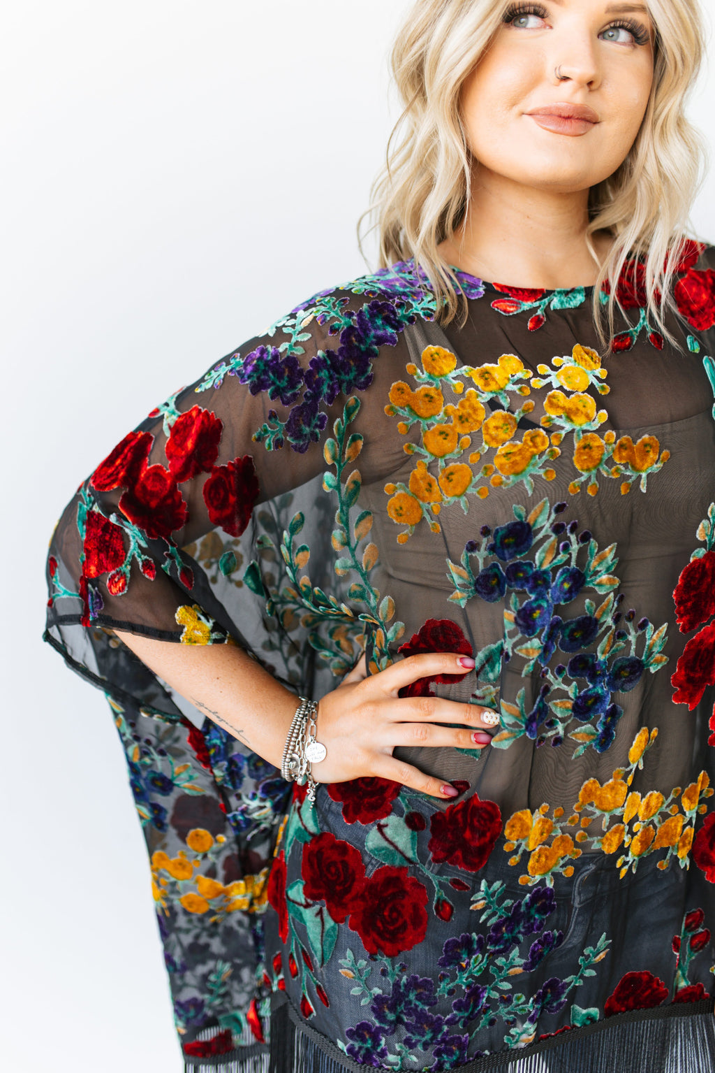 BLACK FLORAL PONCHO