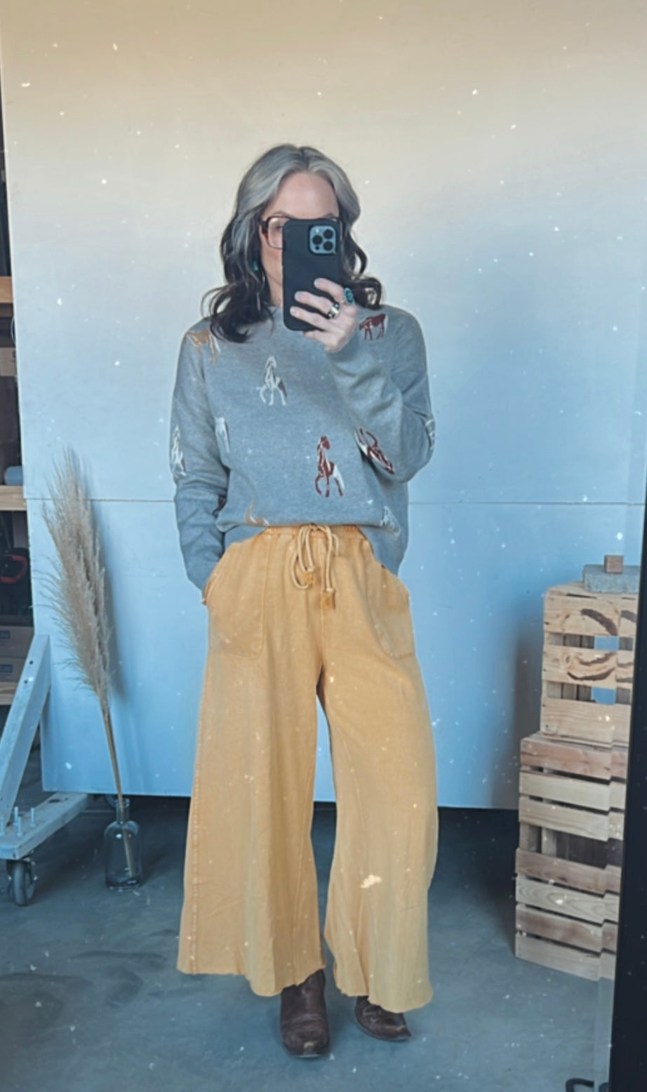 40128  MUSTARD MINERAL WASH WIDE LEG PANT