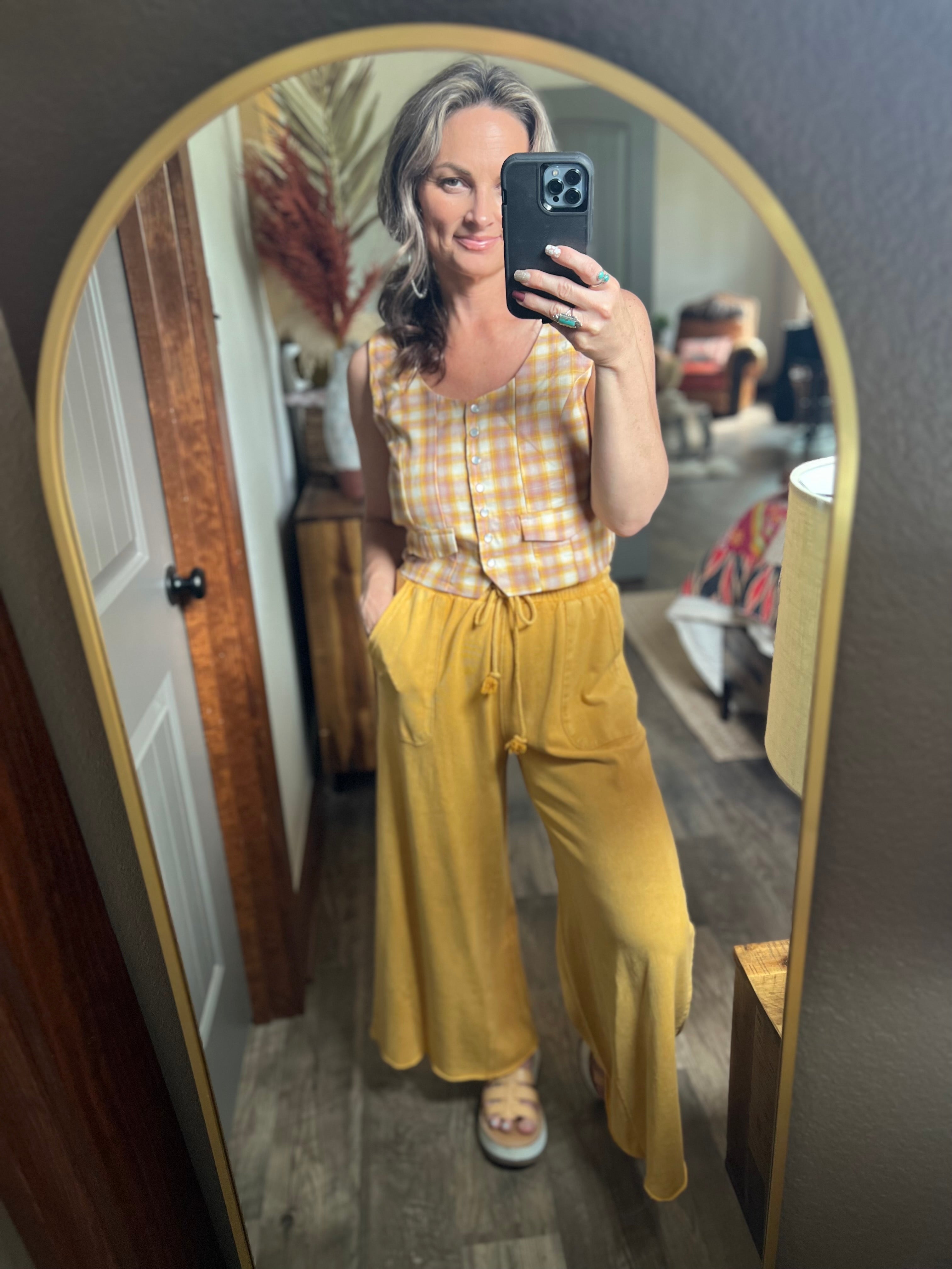 40128  MUSTARD MINERAL WASH WIDE LEG PANT