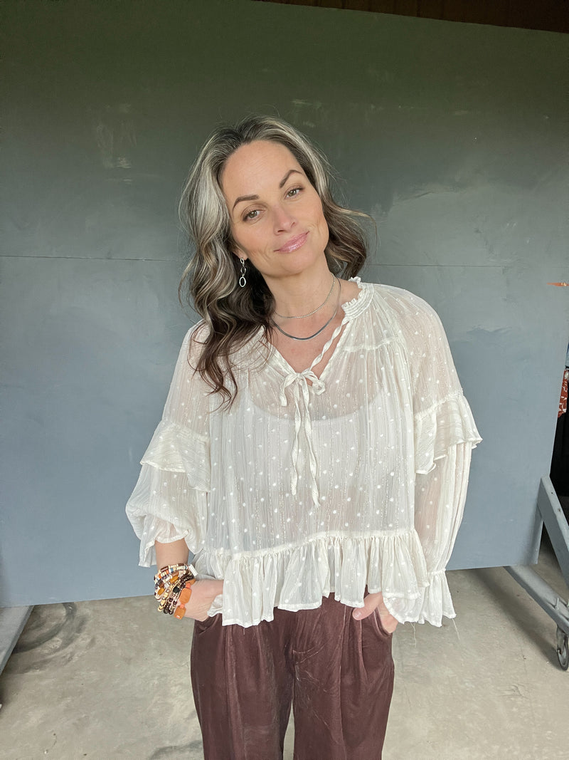 12233 IVORY CHIFFON DOT BOHO STYLE BLOUSE