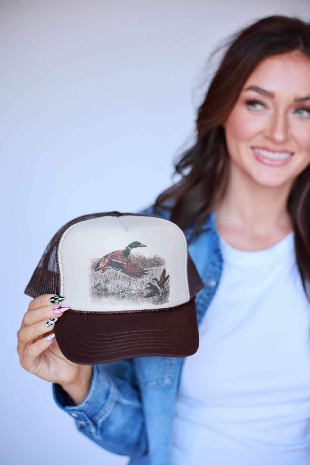 Brown Mallard Duck Trucker Hat front detail