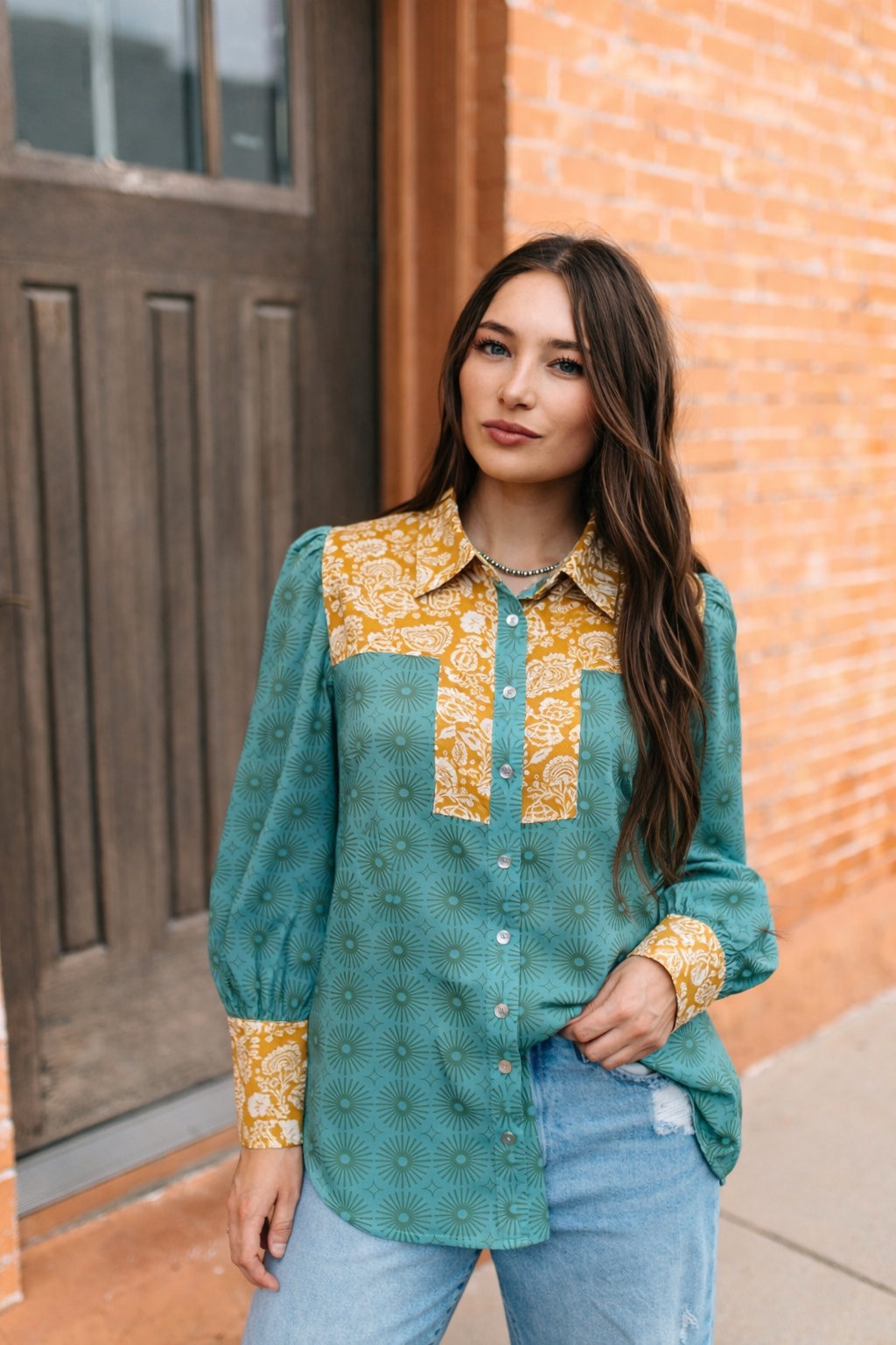 Teal Floral Abstract Button Down Blouse