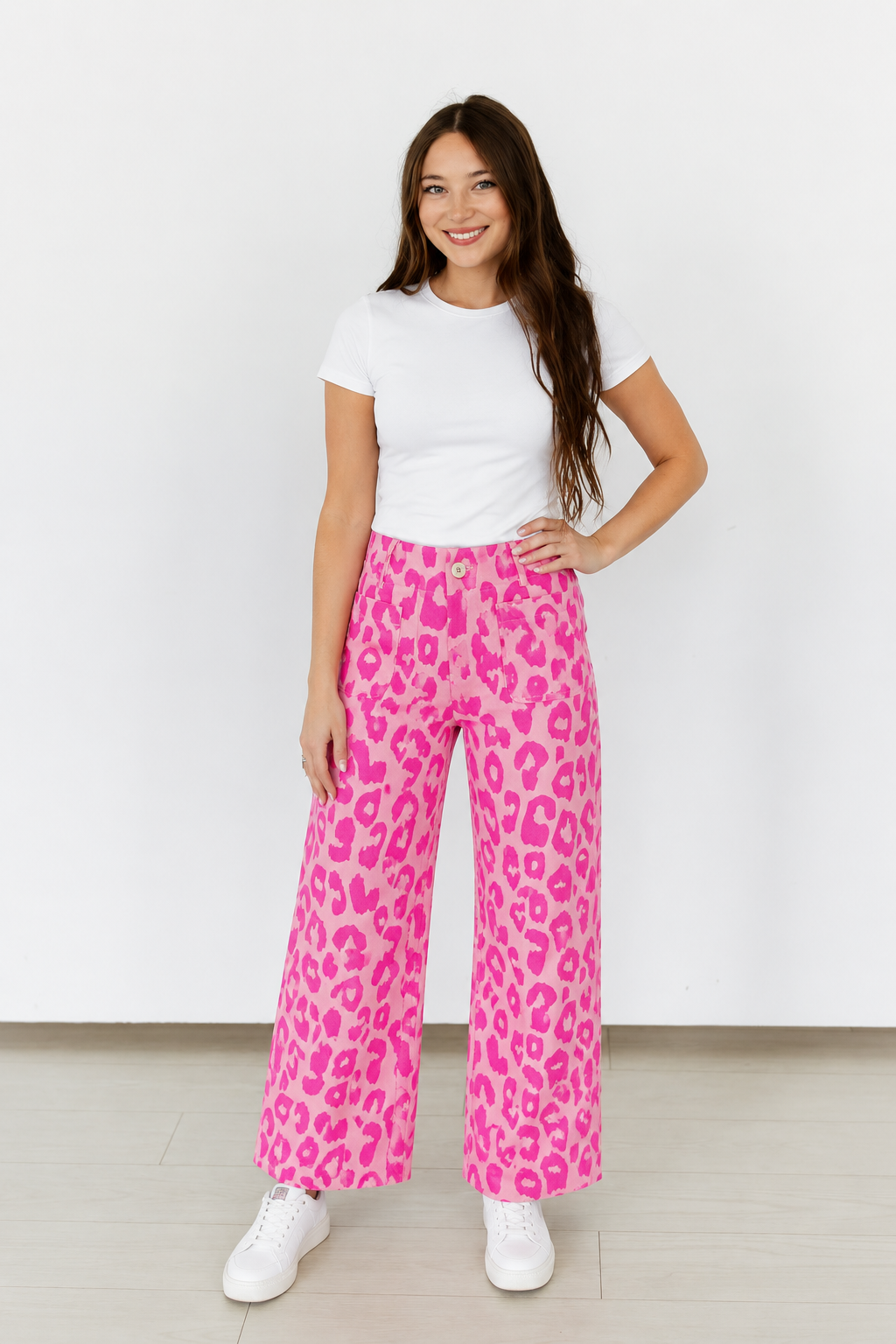 Pink Leopard Cropped Wide-Leg Jeans