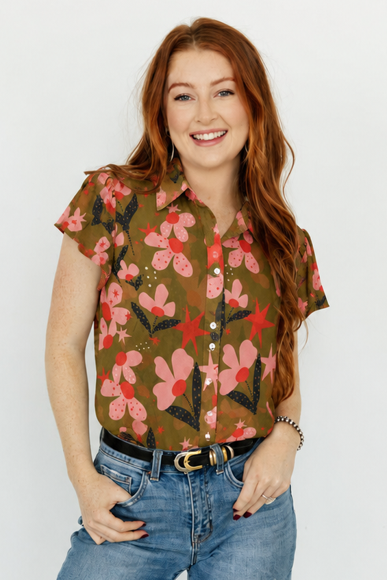 Olive Pink Flower Dot Flutter Sleeve