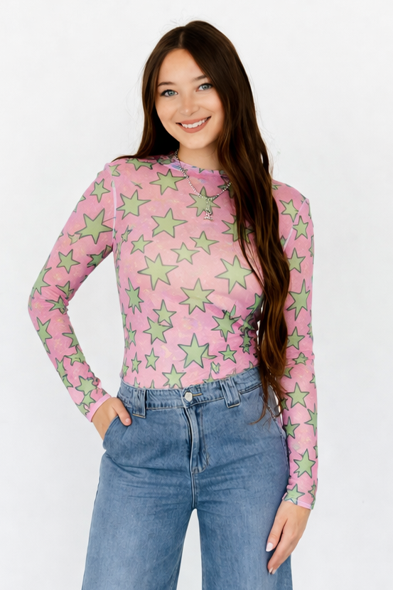 Pink Star Mesh Top
