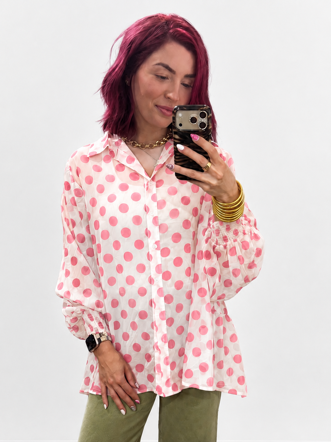 Pink Polka Dot Sheer Blouse