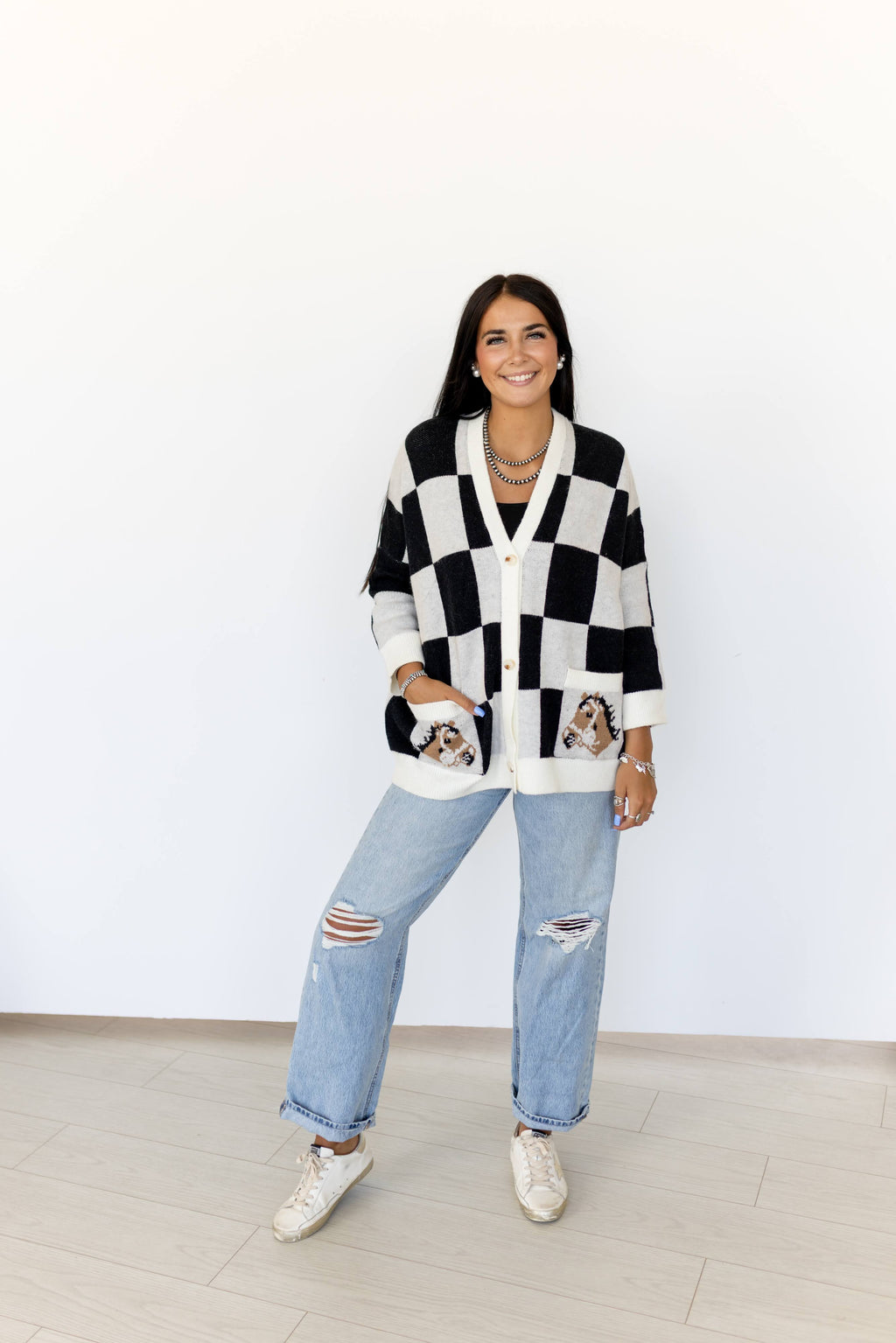 BLACK CHECKERED HORSE CARDIGAN