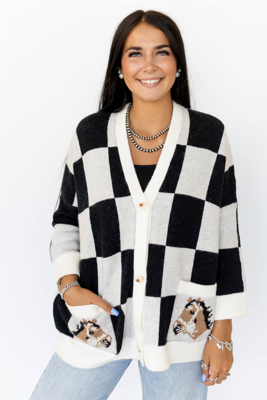 BLACK CHECKERED HORSE CARDIGAN