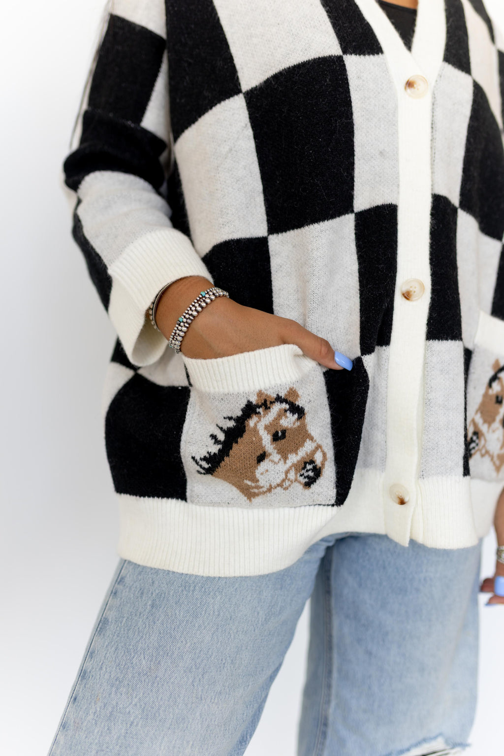 BLACK CHECKERED HORSE CARDIGAN