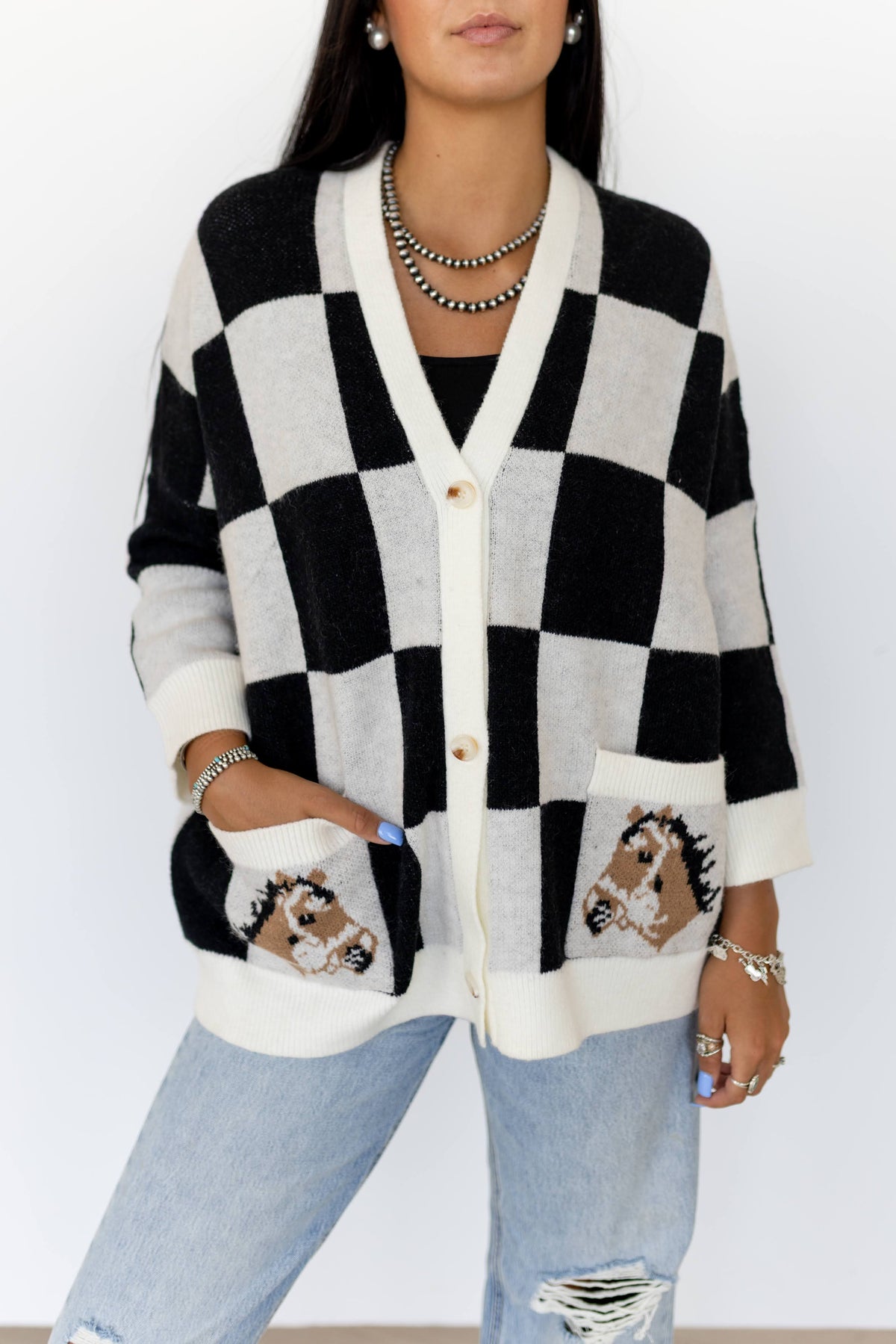 BLACK CHECKERED HORSE CARDIGAN