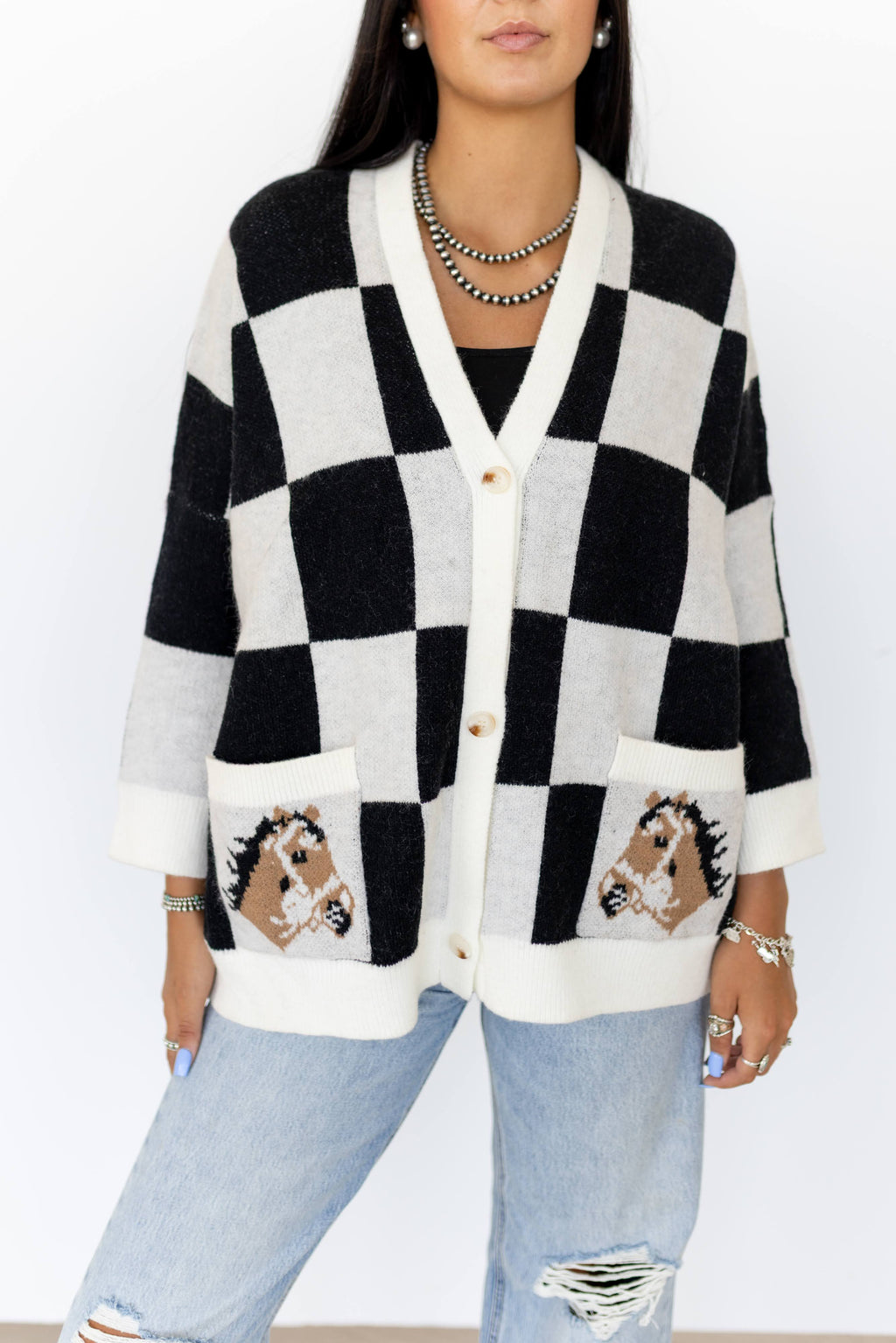 BLACK CHECKERED HORSE CARDIGAN