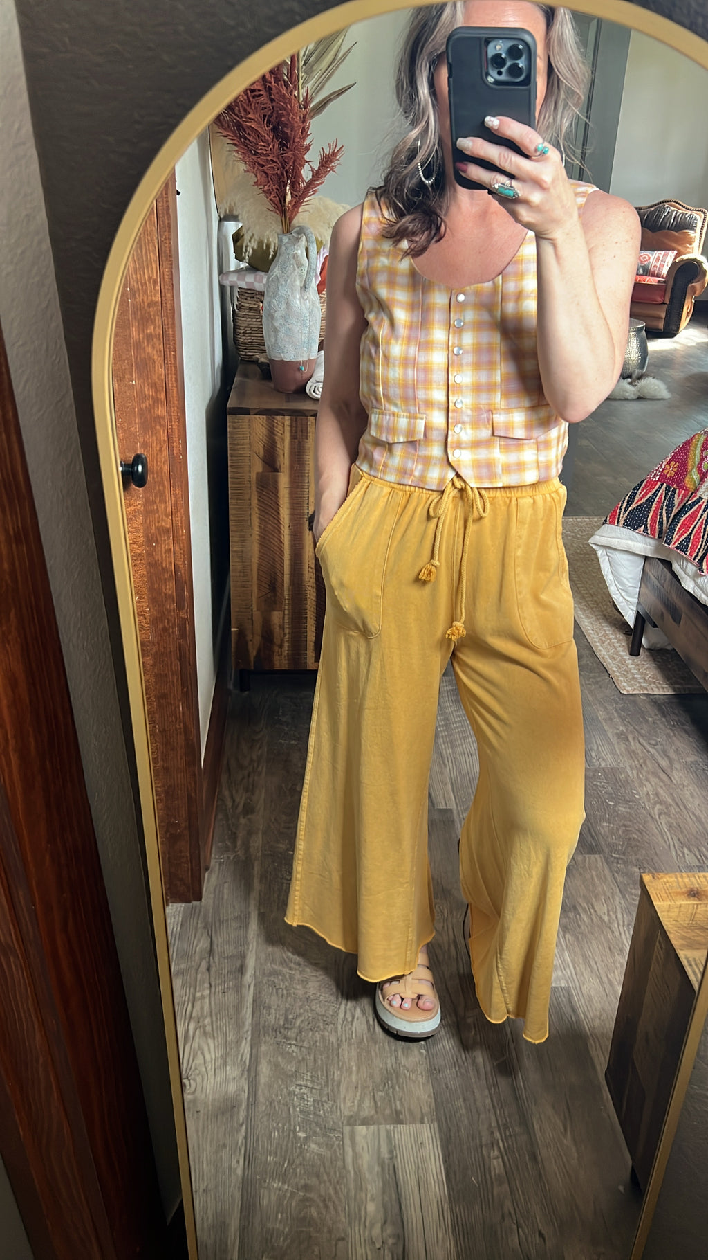 40128  MUSTARD MINERAL WASH WIDE LEG PANT