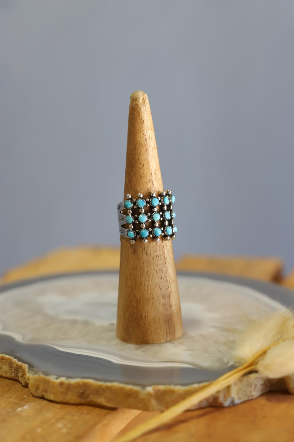 22428 SQUARE SILVER RING W/ TURQ AND ARROW DETAIL