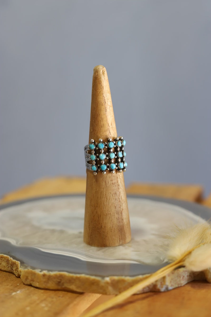 22428 SQUARE SILVER RING W/ TURQ AND ARROW DETAIL