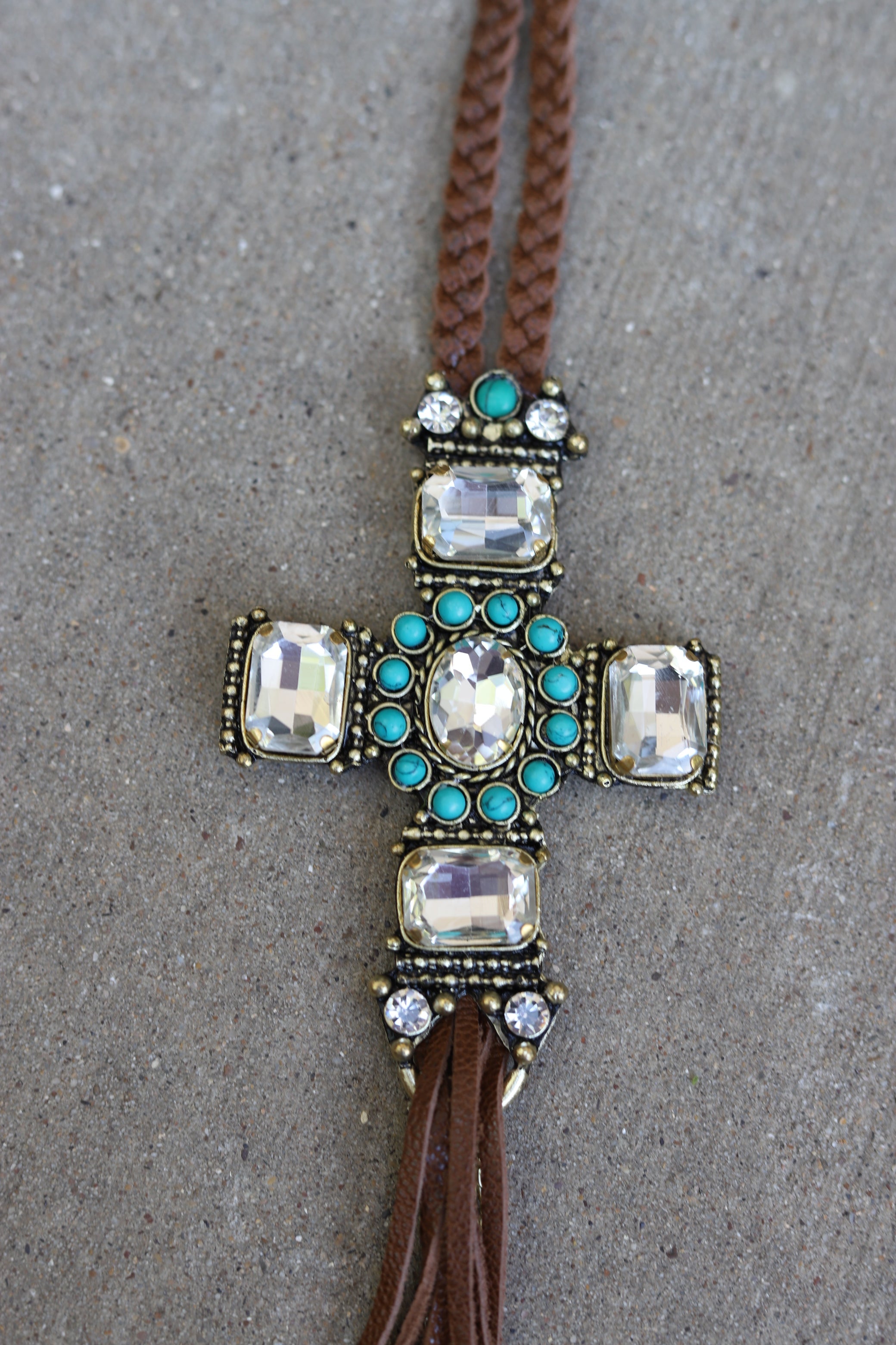CRYSTAL CROSS BRAIDED NECKLACE