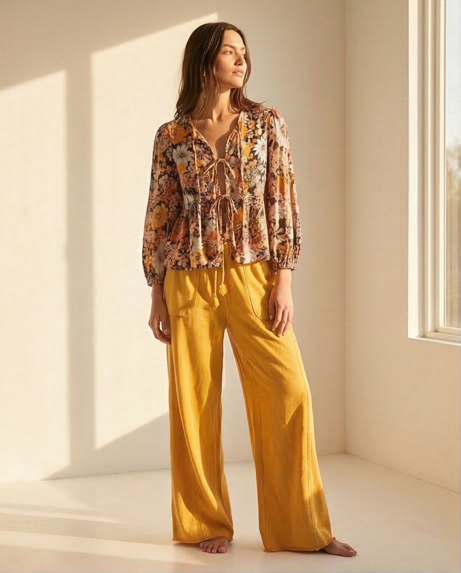1373 Floral Print Tie Front Puff Sleeve Blouse