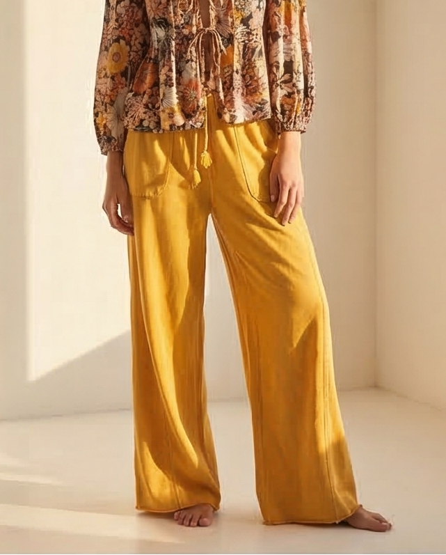 40128  MUSTARD MINERAL WASH WIDE LEG PANT