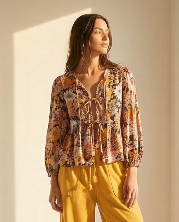 1373 Floral Print Tie Front Puff Sleeve Blouse