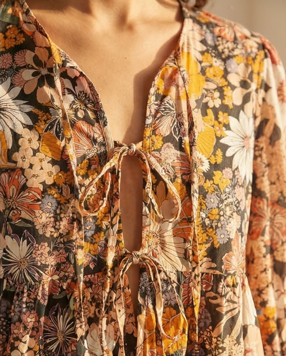 1373 Floral Print Tie Front Puff Sleeve Blouse