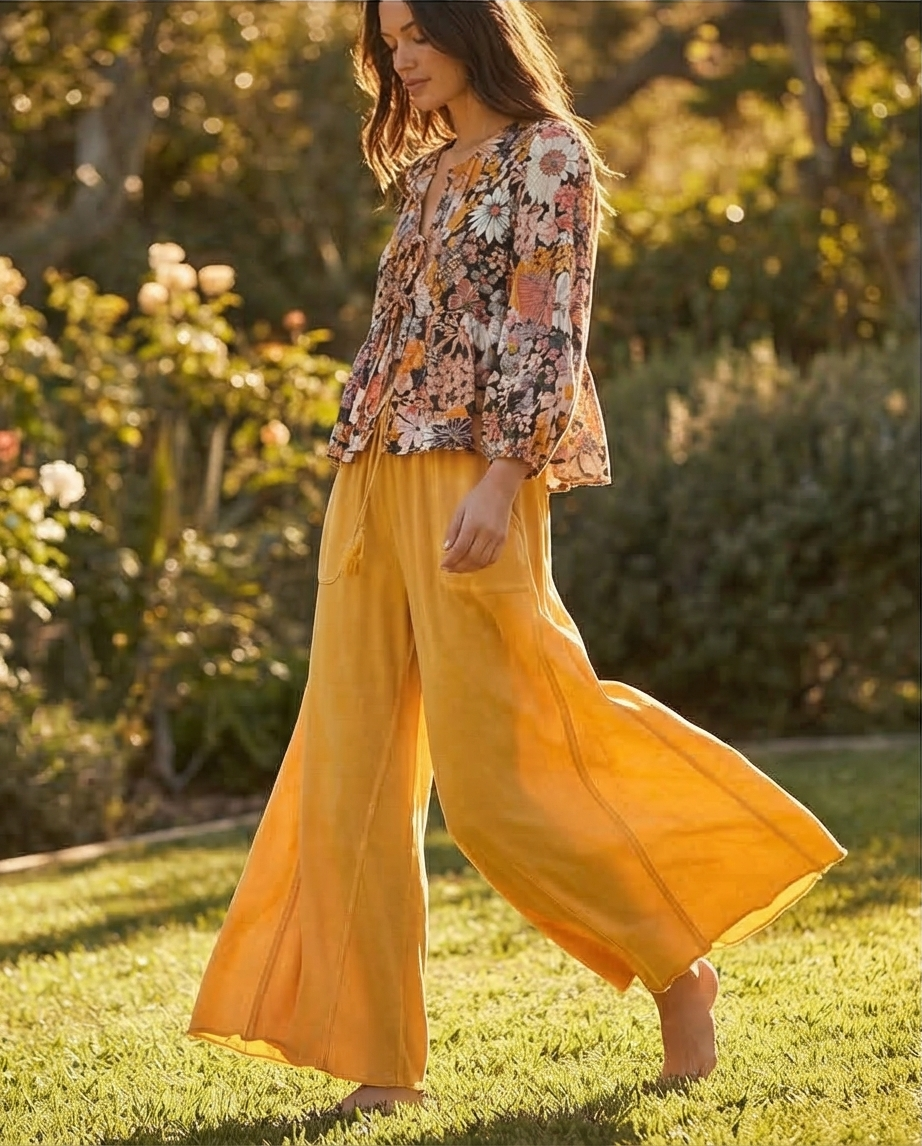 40128  MUSTARD MINERAL WASH WIDE LEG PANT