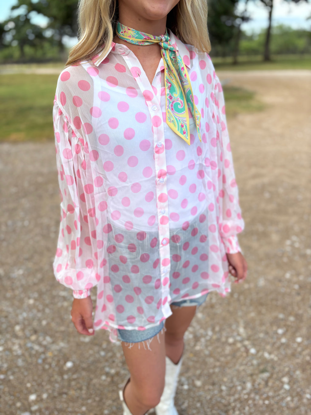 Pink Polka Dot Sheer Blouse