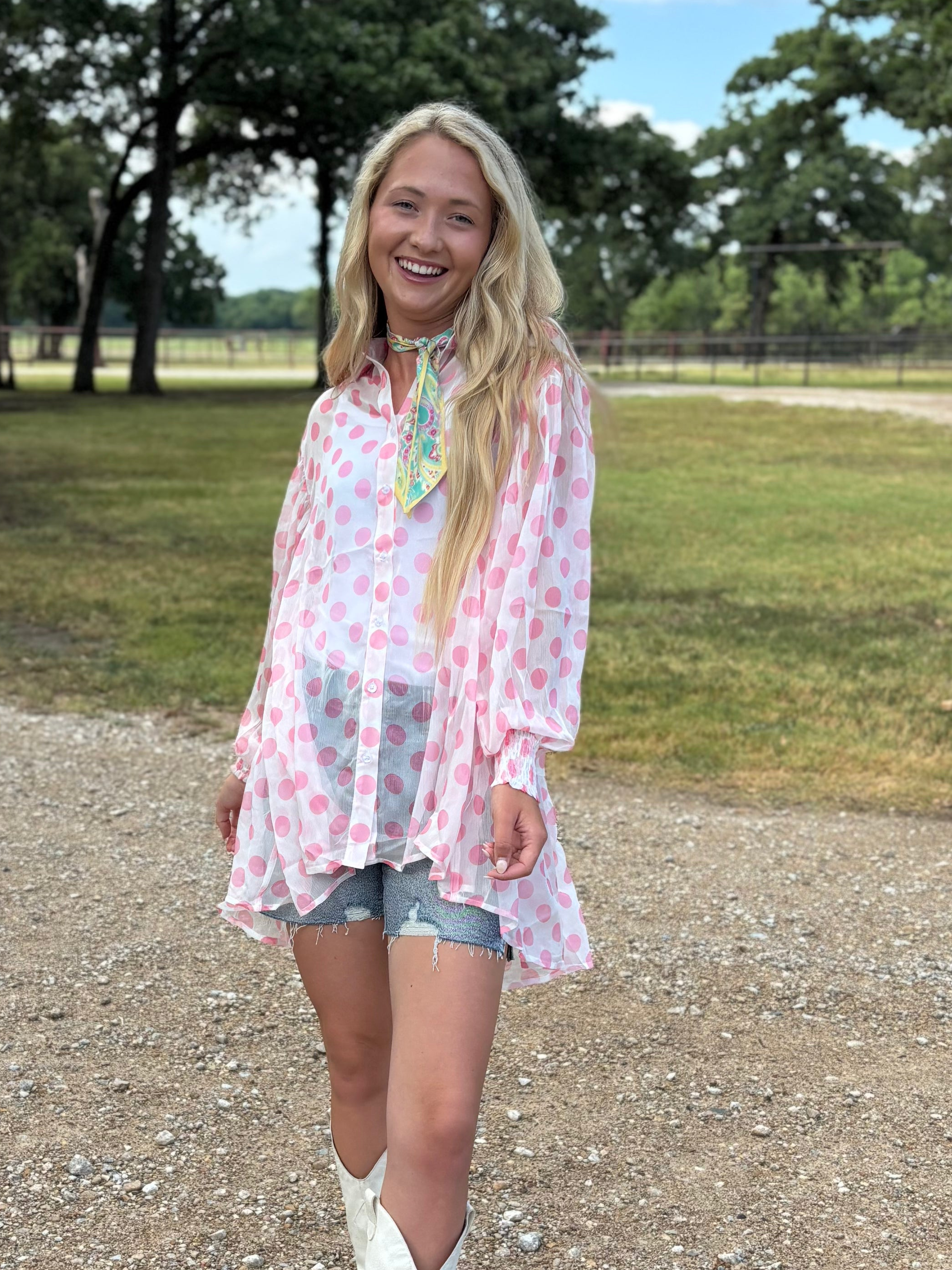 Pink Polka Dot Sheer Blouse