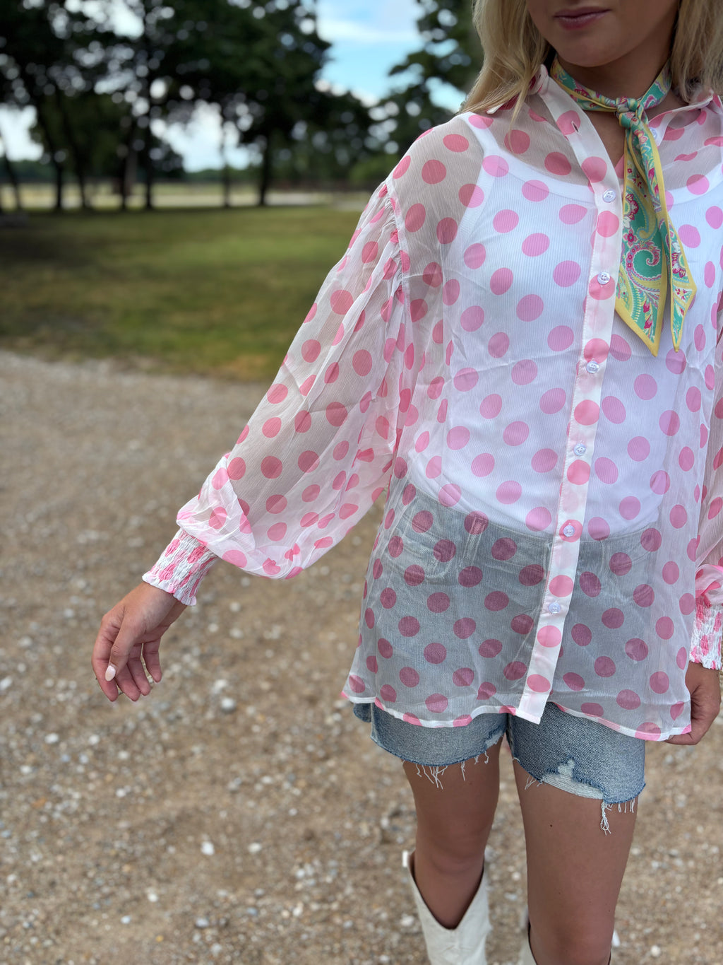 Pink Polka Dot Sheer Blouse