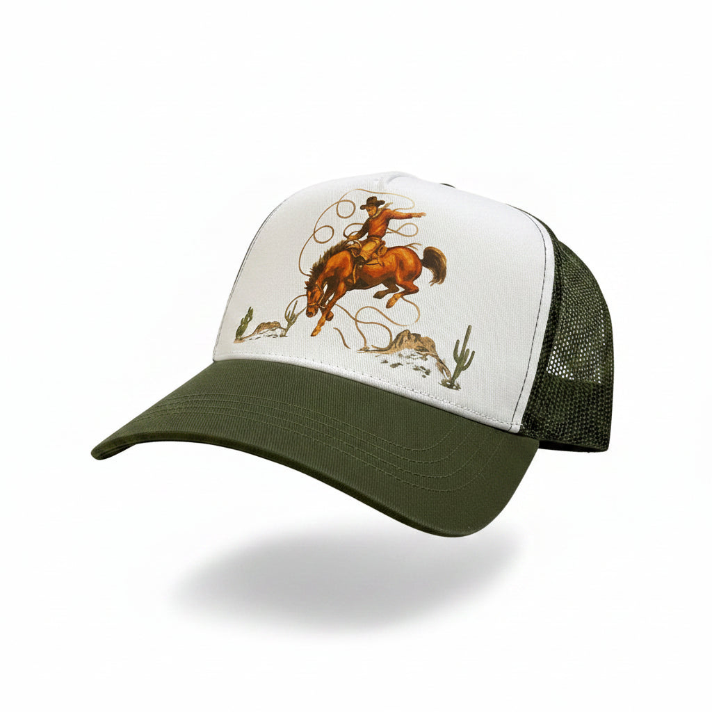 Olive Bucking Horse Trucker Hat