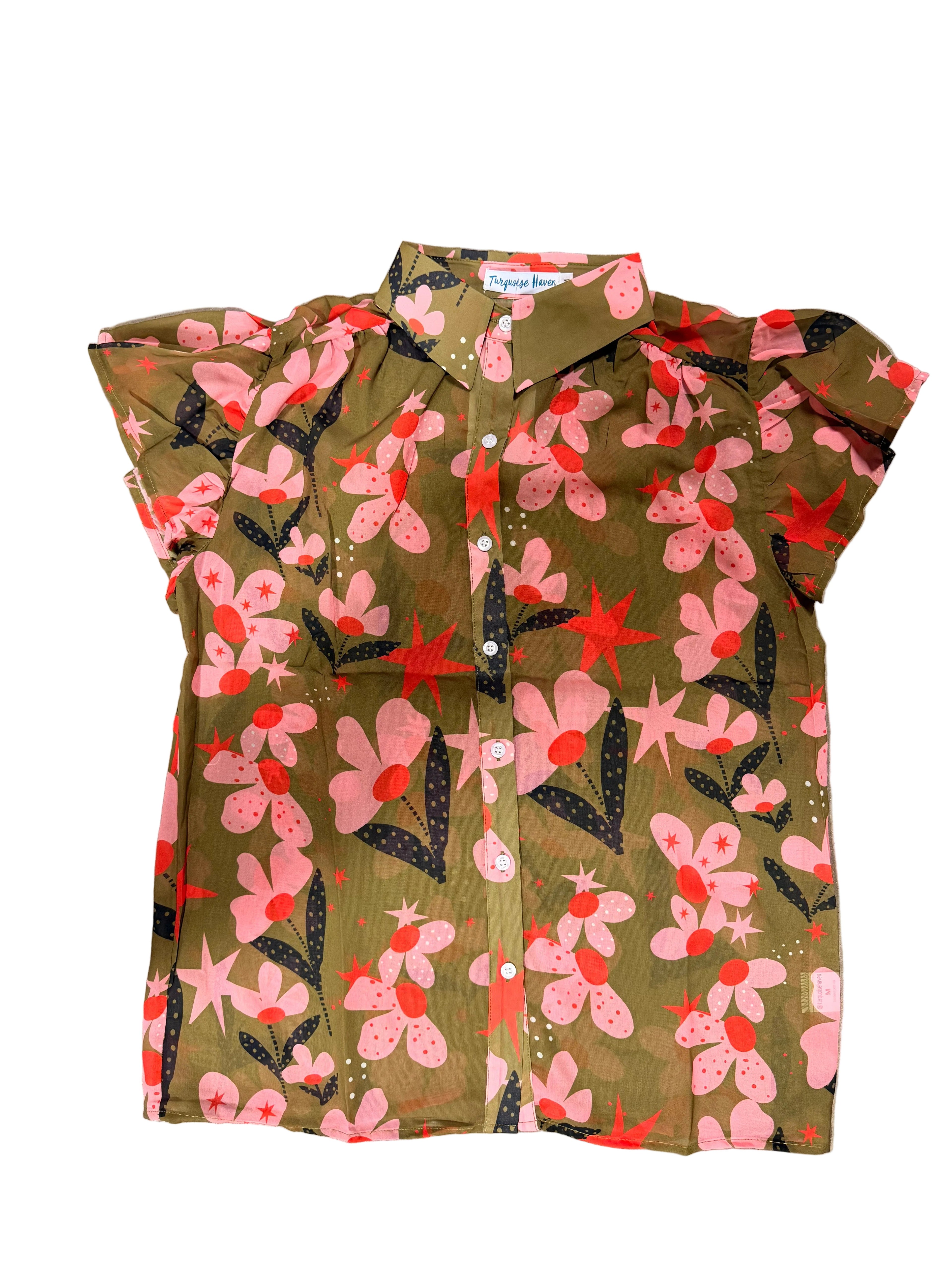 Olive Pink Flower Dot Flutter Sleeve