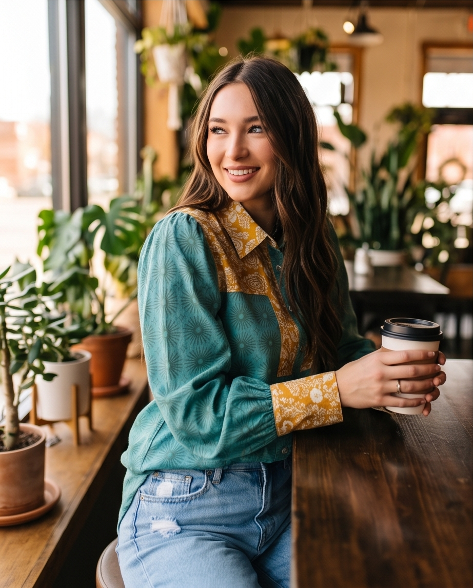 Teal Floral Abstract Button Down Blouse
