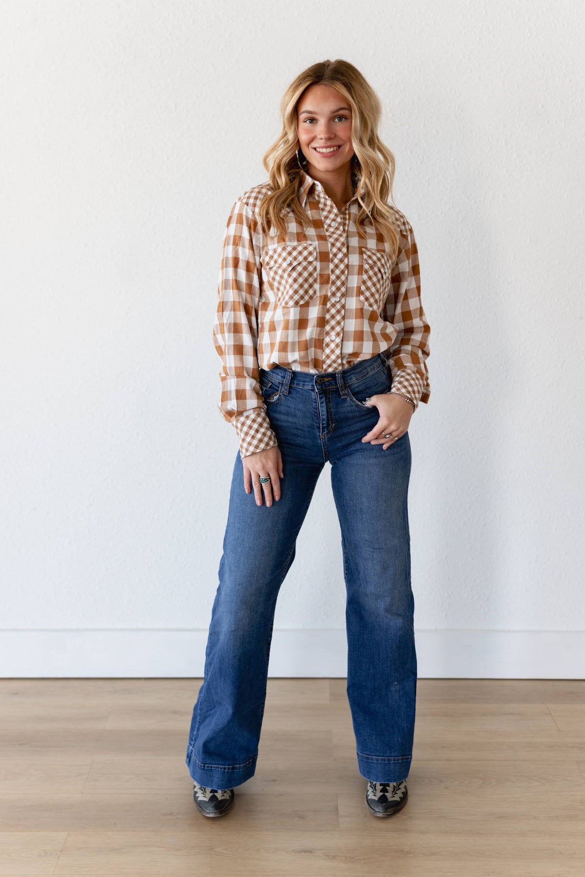 TAN MIXED GINGHAM TOP