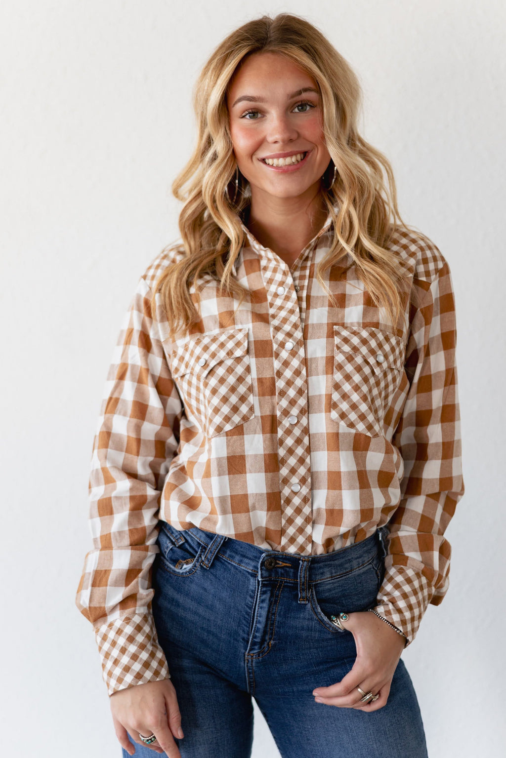 TAN MIXED GINGHAM TOP