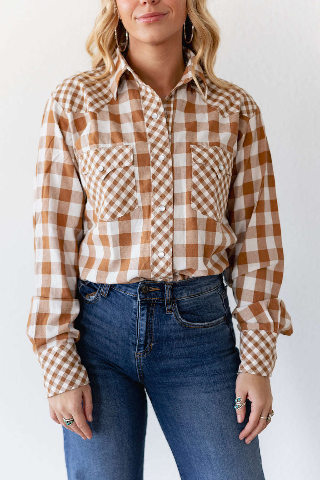 TAN MIXED GINGHAM TOP