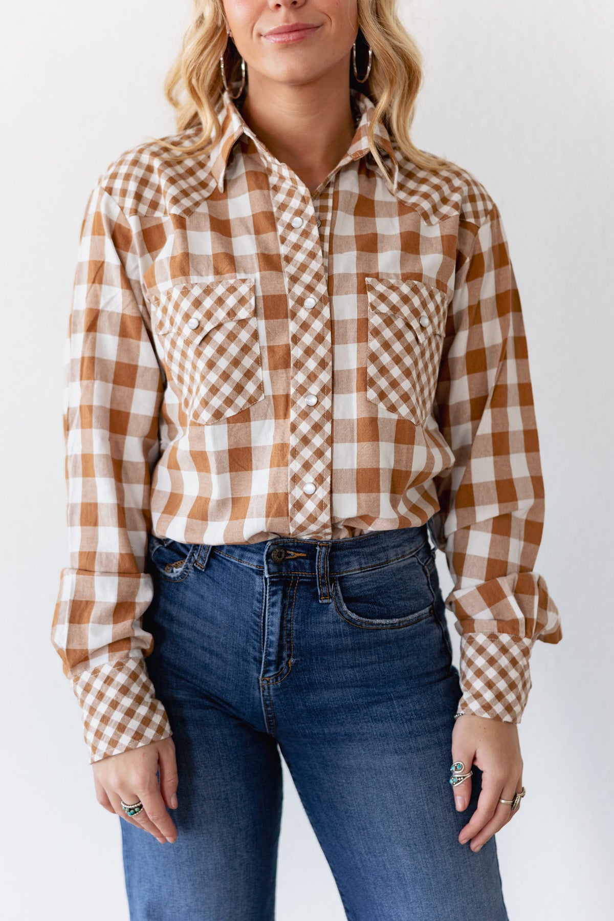 TAN MIXED GINGHAM TOP