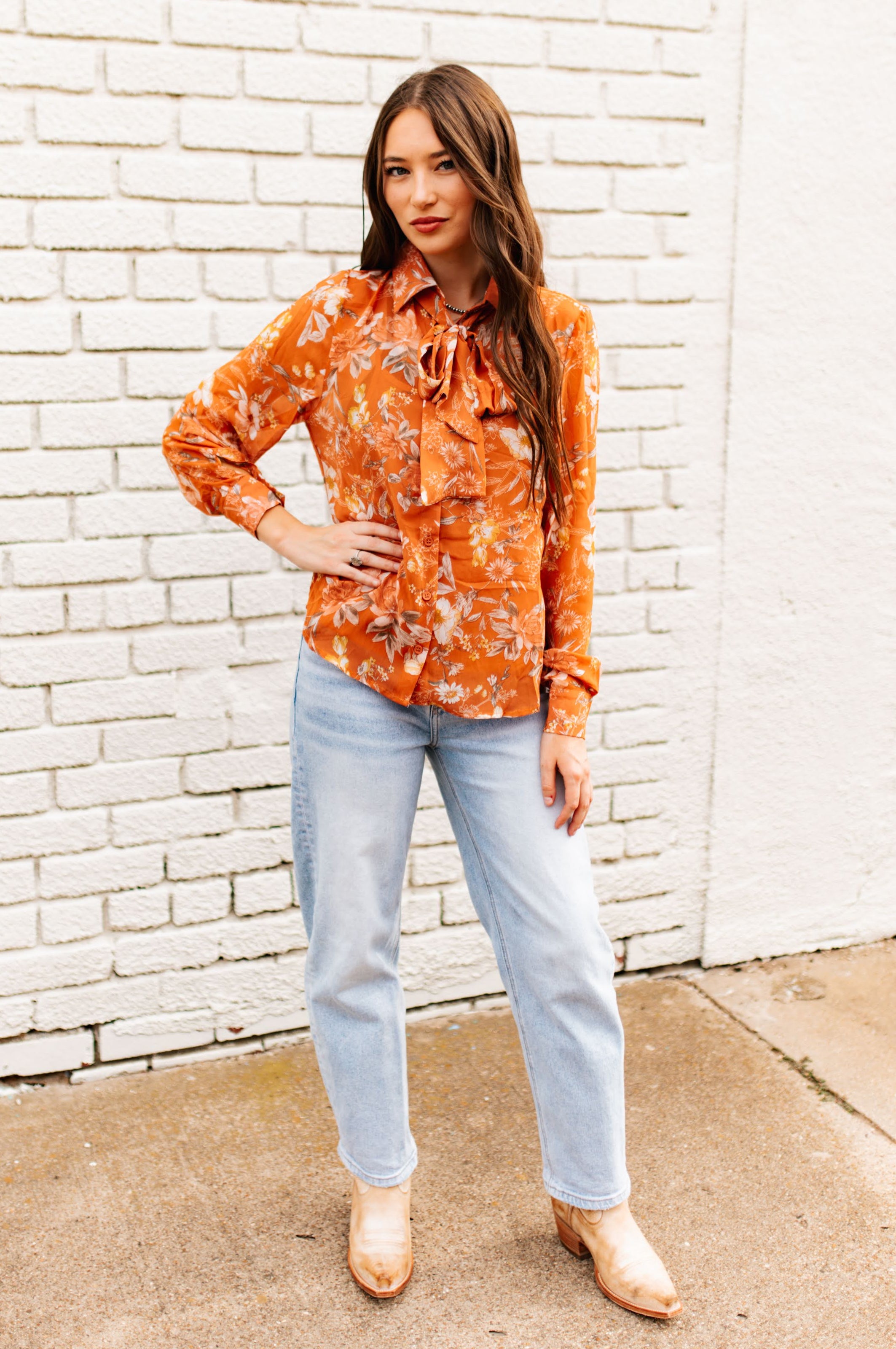 RUST BLOOM TIE-NECK BLOUSE