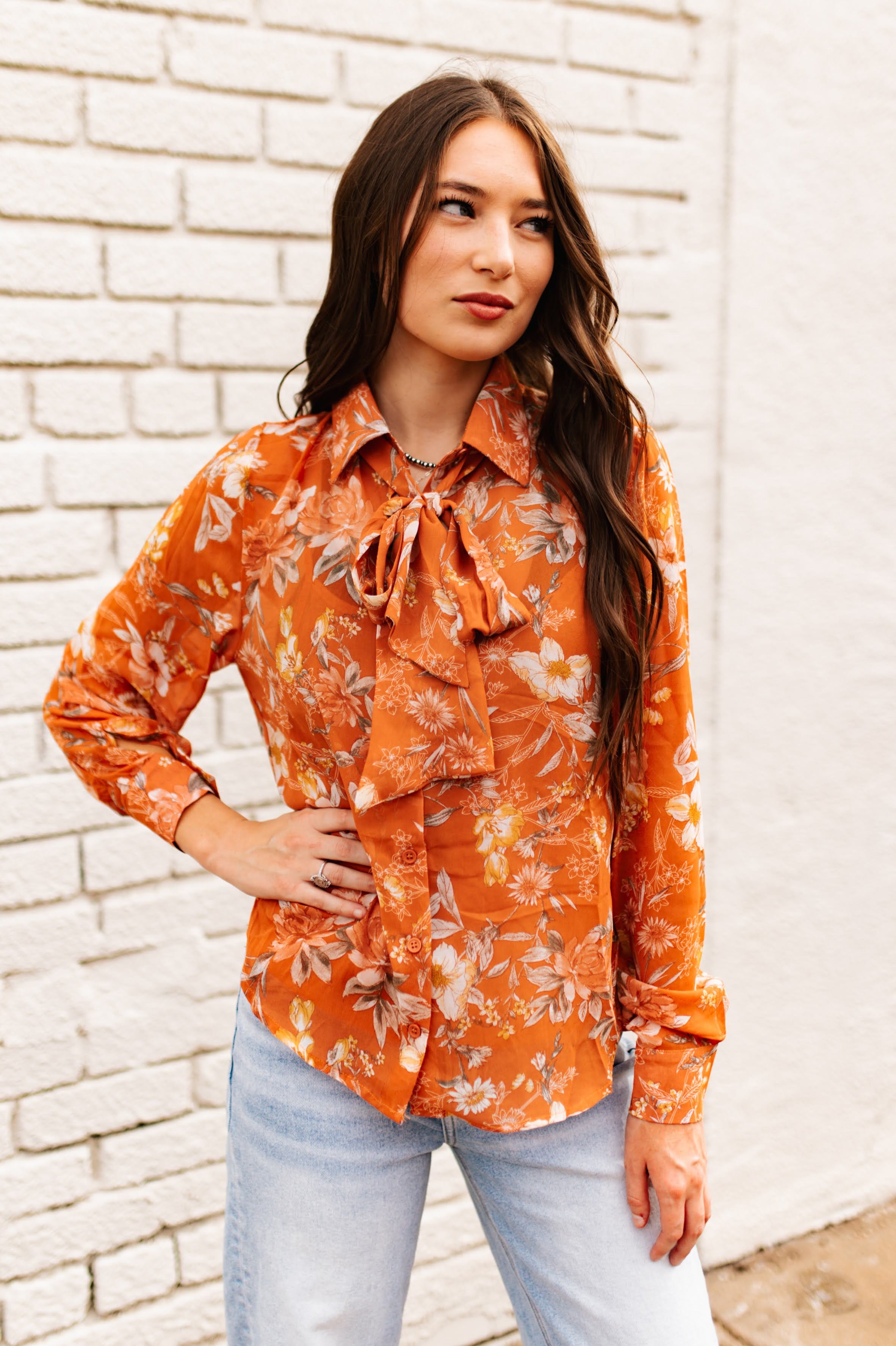 RUST BLOOM TIE-NECK BLOUSE