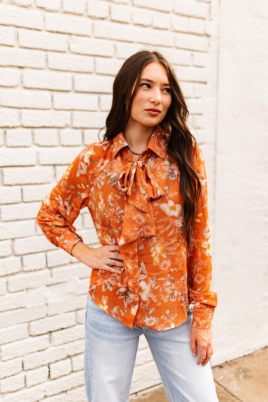 Rust Floral Chiffon Blouse with Tie