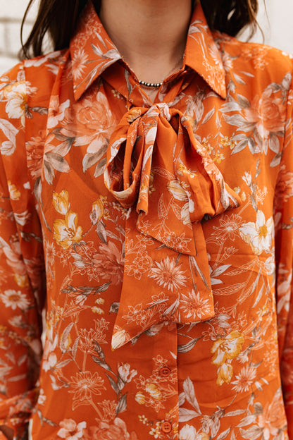Rust Floral Chiffon Blouse with Tie