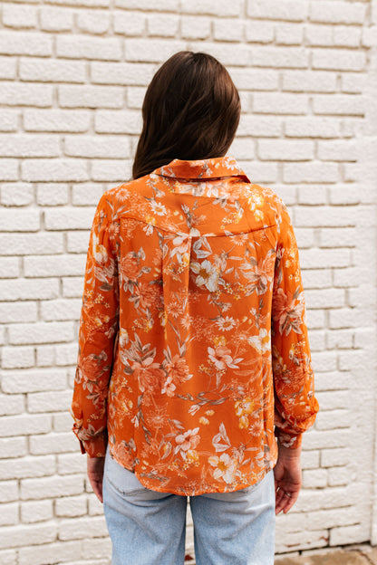 Rust Floral Chiffon Blouse with Tie