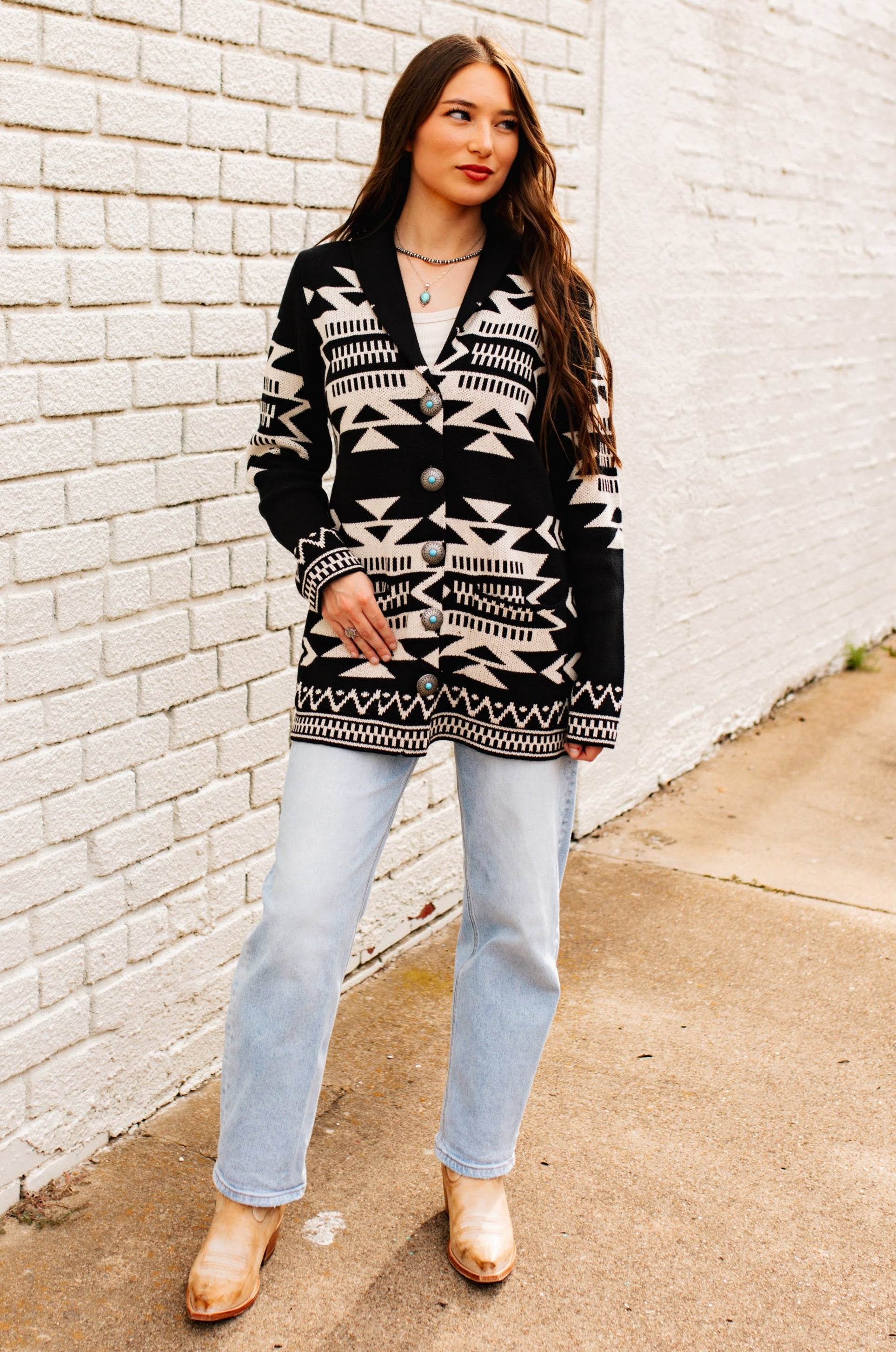 BLACK GEOMETRIC KNIT CARDIGAN