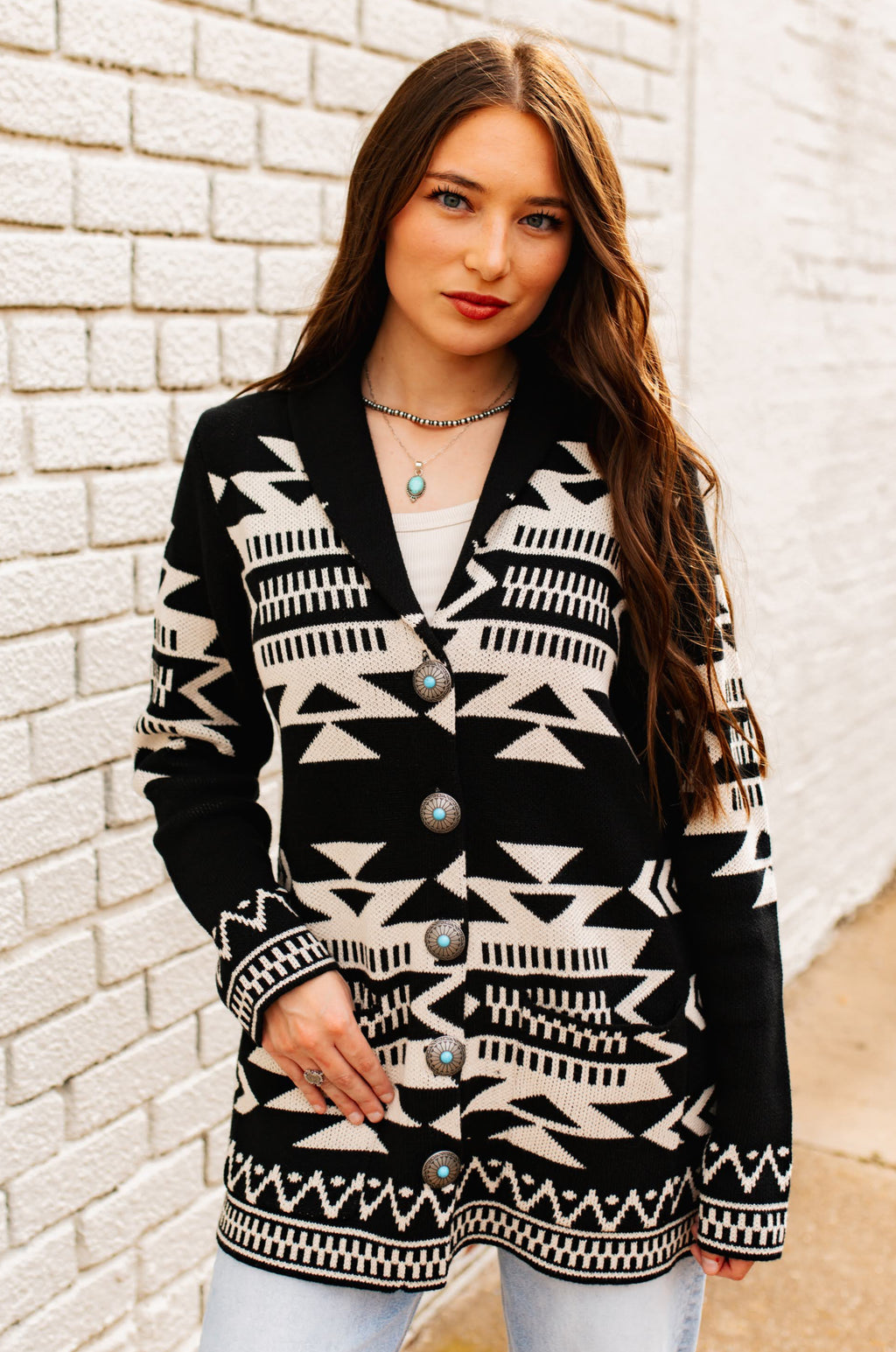 BLACK GEOMETRIC KNIT CARDIGAN